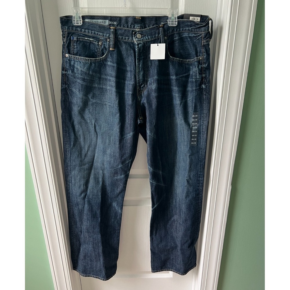 GAP Mens Straight Standard Fit Jeans 38x32 Medium Wash Distressed Dark Denim NEW